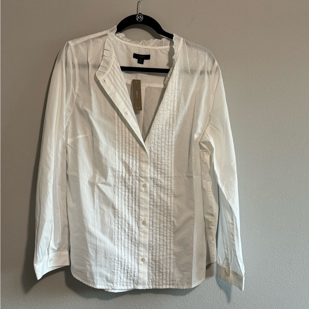 J. Crew White Button-Up Shirt with Ruffle Collar